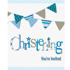 BLUE BUNTING CHRISTENING INVITES PK8