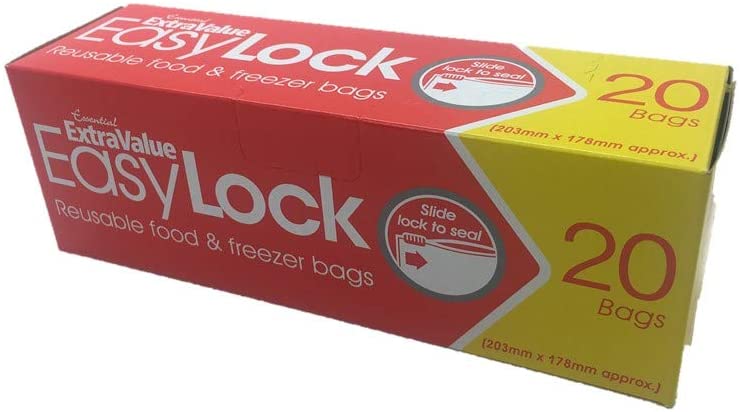 ESSENTIAL EXTRA VALUE EASY LOCK REUSABLE FOOD & FREEZER BAGS , 204MM X 178MM APPROX, 20 BAGS